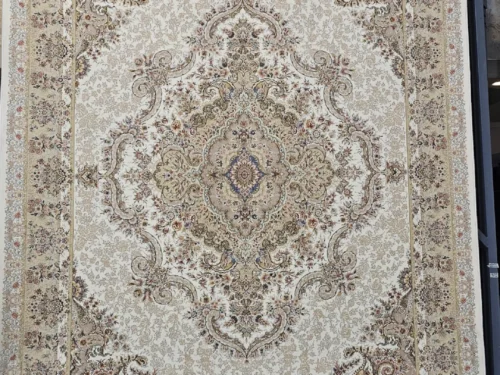 فرش خاطره ی کویر کاشان طرح خطیبی رنگ کرم سفید