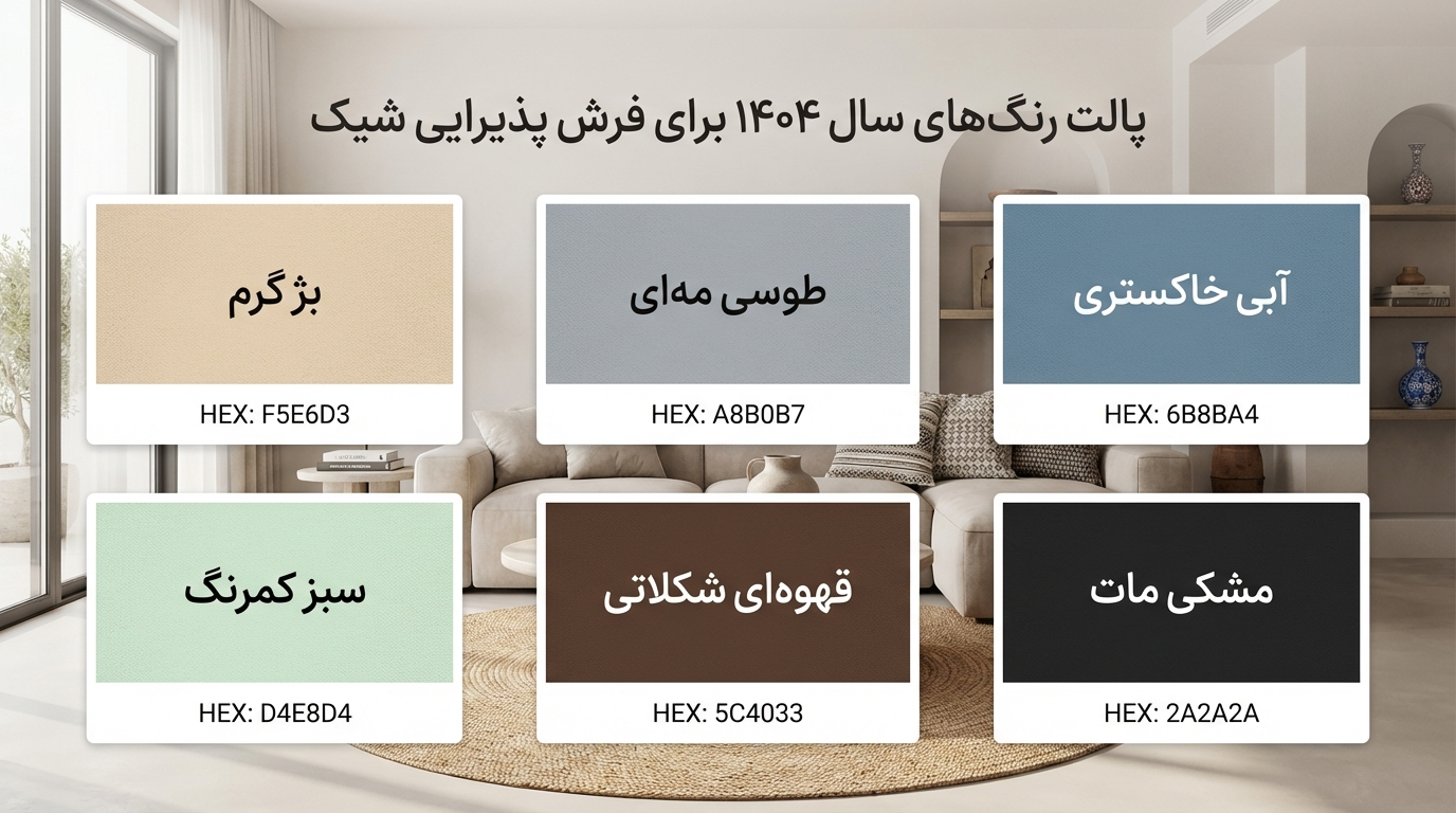 شیکترین فرش ماشینی تصویر با نسبت ۱۶:۹، کیفیت ۴K، سبک هنری مدرن، نمایش ۶ رنگ برتر سال ۱۴۰۴ برای فرش پذیرایی در مستطیلهای بزرگ، هر رنگ با نام فارسی و کد HEX زیر آن: بژ گرم (F5E6D3)، طوسی مهای (A8B0B7)، آبی خاکستری (6B8BA4)، سبز کمرنگ (D4E8D4)، قهوهای شکلاتی (5C4033)، مشکی مات (2A2A2A)، در پسزمینه یک پذیرایی مدرن با نور طبیعی، متن توضیحی: “پالت رنگهای سال ۱۴۰۴ برای فرش پذیرایی شیک”، فونت فارسی وزیر.