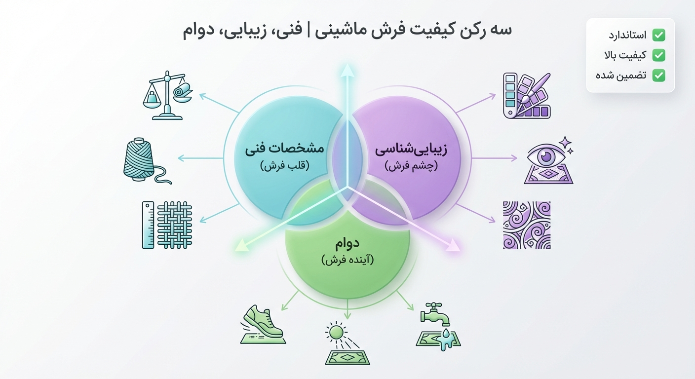 یک نمودار شبکه‌ای (Radar Chart) یا نمودار وِن زیبا و سه‌بعدی در مرکز تصویر. سه دایره یا بخش اصلی با عنوان‌های: “مشخصات فنی (قلب فرش)”، “زیبایی‌شناسی (چشم فرش)” و “دوام (آینده فرش)”. از مرکز این نمودار، خطوط یا فلش‌هایی به سمت فاکتورهای جزئی‌تر می‌رود. برای مثال از بخش “مشخصات فنی” به سمت آیکون‌های: ترازو (نماد وزن)، یک کلاف نخ (نماد جنس)، و یک خط‌کش با اعداد (نماد تراکم و شانه). از بخش “زیبایی‌شناسی” به سمت آیکون‌های: پالت رنگ، یک چشم، و یک طرح انتزاعی. از بخش “دوام” به سمت آیکون‌های: یک کفش در حال راه رفتن (سایش)، یک خورشید (نور)، و یک شیر آب (شستشو). در گوشه‌ای از تصویر، یک چک‌لیست ساده با تیک‌های سبز قرار دارد. متن روی تصویر (فارسی): سه رکن کیفیت فرش ماشینی | فنی، زیبایی، دوام سبک: طراحی گرافیکی مدرن، مینیمال و سه‌بعدی ملایم. استفاده از سایه‌های نرم برای عمق بخشیدن. رنگ‌بندی: پس‌زمینه سفید یا خاکستری بسیار روشن. هر بخش با یک رنگ متمایز (آبی فیروزه‌ای برای فنی، بنفش ملایم برای زیبایی، سبز برای دوام).