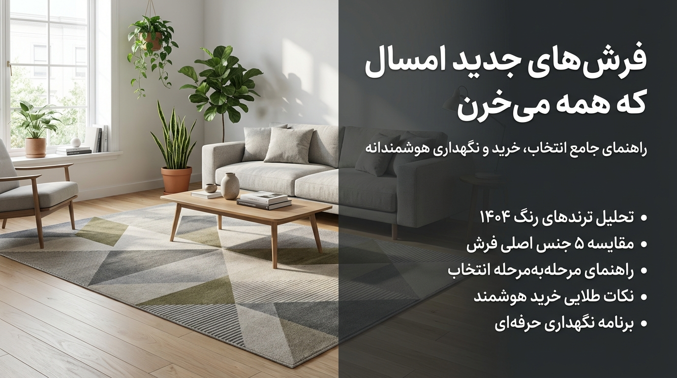 یک تصویر با نسبت ۱۶:۹ و کیفیت ۴K ایجاد کن. در سمت چپ تصویر، یک فرش مدرن و شیک با طرح هندسی مینیمال و رنگ‌های ترکیبی خاکستری، بژ و سبز زیتونی را نمایش بده که به زیبایی در یک اتاق نشیمن مدرن با مبلمان ساده و چند گیاه آپارتمانی پهن شده است. نور طبیعی ملایمی از پنجره بزرگ به فرش می‌تابد. در سمت راست تصویر، روی یک پس‌زمینه نیمه شفاف تیره، متن فارسی به صورت زیبا و خوانا قرار بگیرد: عنوان اصلی (فونت بزرگ و برجسته): فرش‌های جدید امسال که همه می‌خرن زیرعنوان (فونت متوسط): راهنمای جامع انتخاب، خرید و نگهداری هوشمندانه نکات کلیدی (به صورت بولت‌پوینت): • تحلیل ترندهای رنگ ۱۴۰۴ • مقایسه ۵ جنس اصلی فرش • راهنمای مرحله‌به‌مرحله انتخاب • نکات طلایی خرید هوشمند • برنامه نگهداری حرفه‌ای