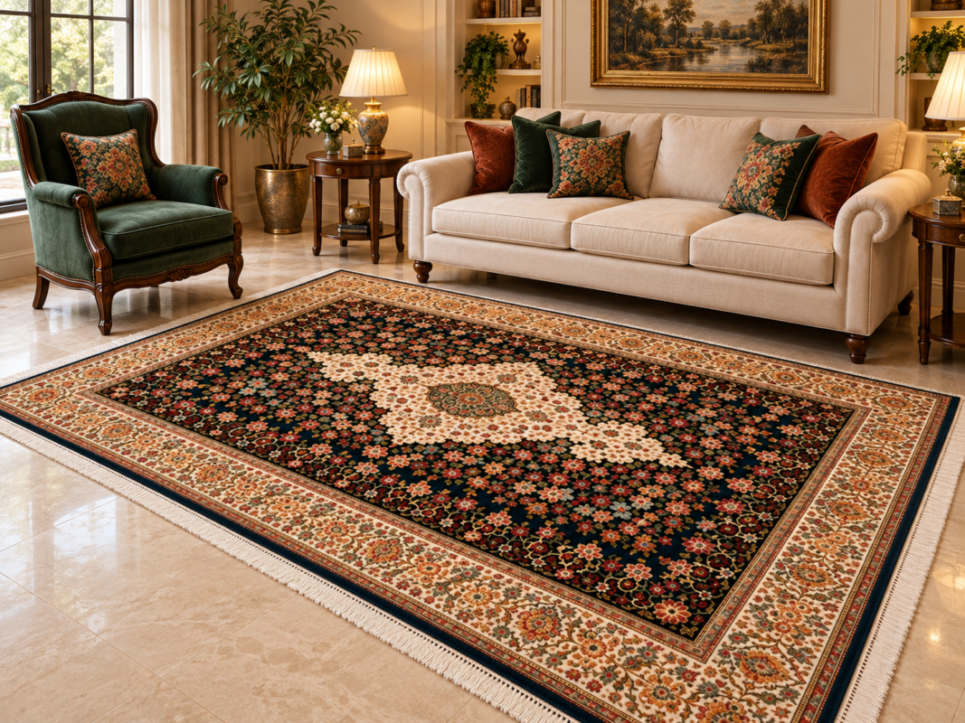 فرش پشم ماشینی گوشت‌دار ۷۰۰ شانه طرح لچک و ترنج گل‌ریز سرمه‌ای سایز دلخواه – کد 76029