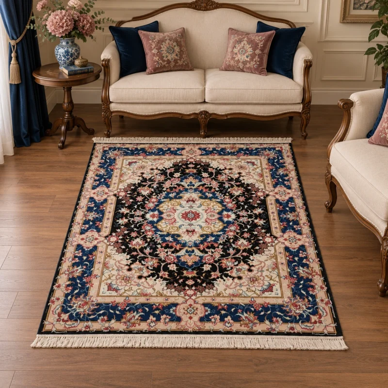 قالیچه دستبافت 30 رج طرح علیا سرمه ای و کرم - کد 78465