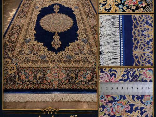 قالیچه ابریشمی دستکار طرح ترنج‌دار زمینه سرمه‌ای با چله ابریشم – اندازه ۱٫۵۵ × ۲٫۲۵ متر