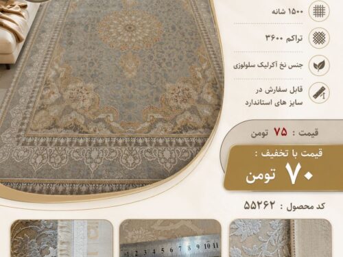 فرش ماشینی پرنیان ۱۵۰۰ شانه تراکم ۳۶۰۰ طرح ترنج‌دار زمینه آبی طوسی با نخ اکریلیک سلولزی – کد ۵۵۲۶۲