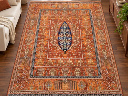فرش ماشینی دیبا طرح درخت زندگی رنگ نارنجی اندازه دلخواه - کد 82009