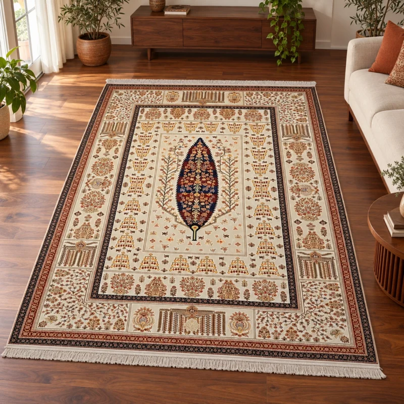 فرش ماشینی دیبا طرح درخت زندگی رنگ کرم اندازه دلخواه - کد 81952