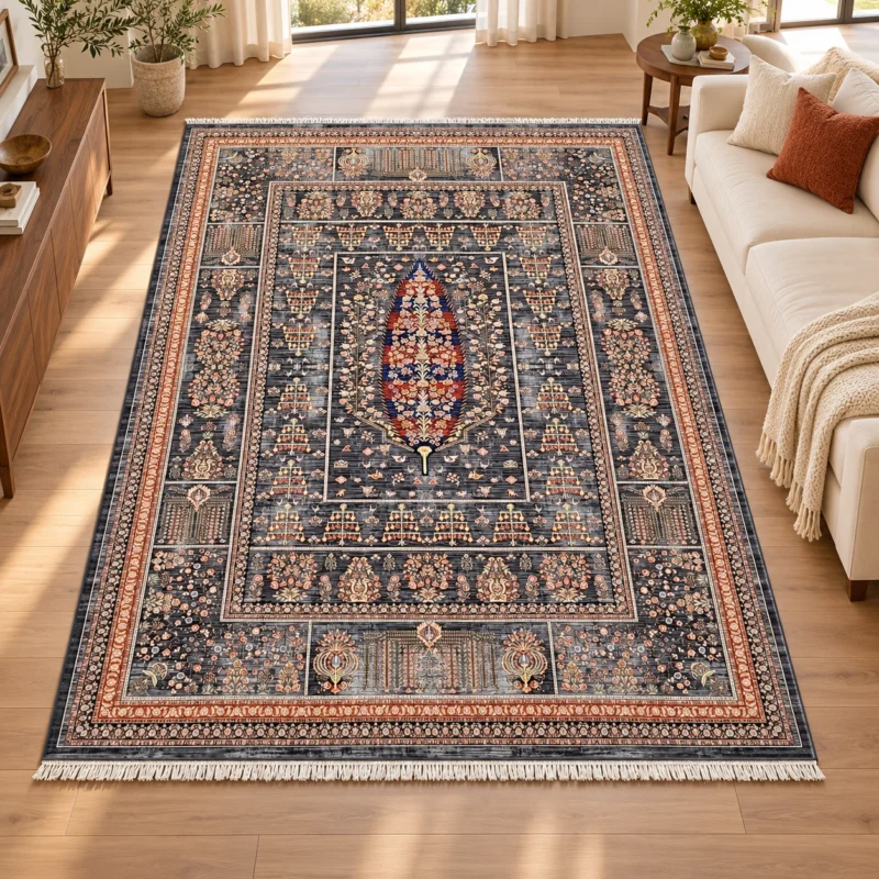 فرش ماشینی دیبا طرح درخت زندگی رنگ طوسی اندازه دلخواه - کد 81935